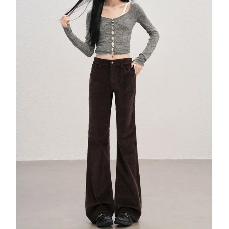 

Hot Sale Women Solid Thin Corduroy Pants Girls Retro Fashion High Waist Straight Leg Pants Women Casual Baggy Trousers