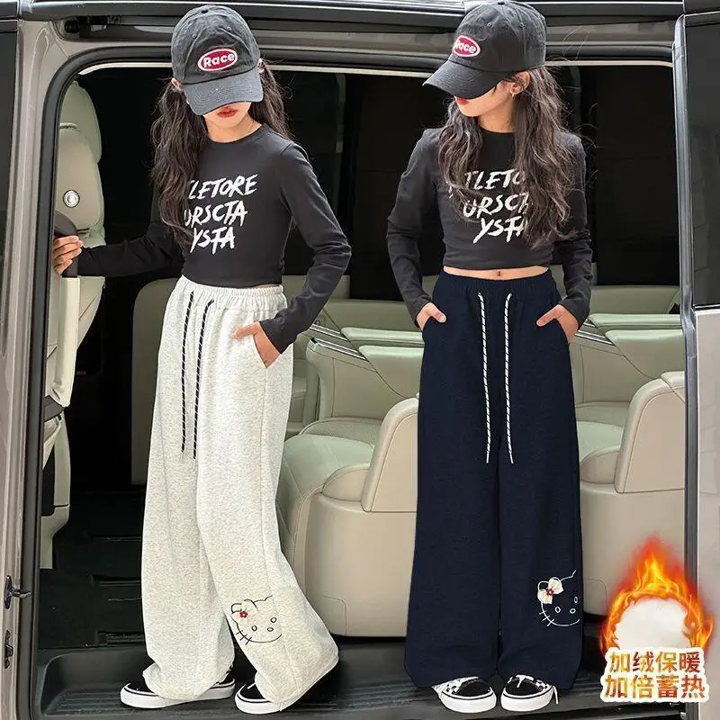 

Sanrio Hello Kitty Kawaii, повседневные длинные брюки, бархатные брюки для девочек, новинка 202, осень-зима, прямая одежда с широкими штанинами для девочек, детские пальто