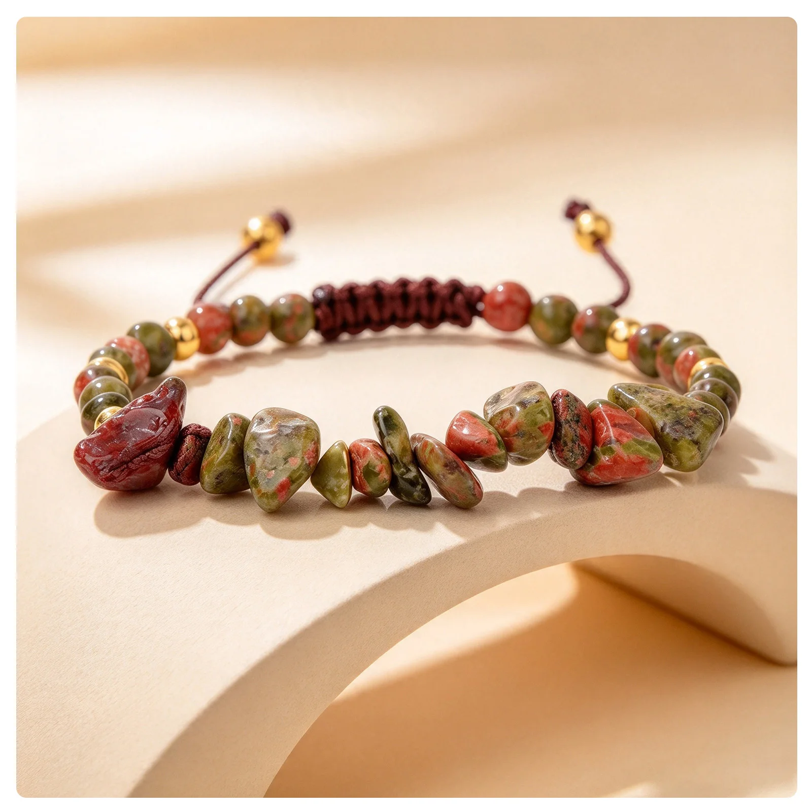 Women Handmade Unakite Chip Stone Braided Rope Bracelet Adjustable Sliding Knot Beaded Wrist Jewelry