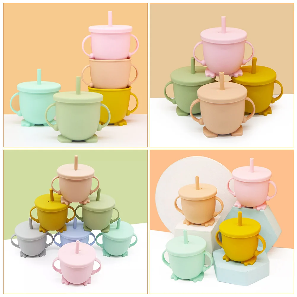 

1Pcs Silicone Straw Cup with Lid 2-Handle Leak-Proof Reusable Cold Tumbler for Kids Picnic Travel Dishwasher Safe