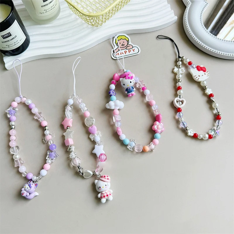 Kawaii Hello Kitty Phone Chain Sanrio Beads Pendant Earphone Case Hanging Rope Anti-Lost Lanyard Wrist Strap Bag Decor