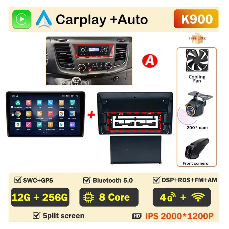 Auto Radio Android voor Ford Transit Custom 350 Transit V363 2020-2022 Multimedia Videospeler Navigatie GPS GEEN 2din Head Unit