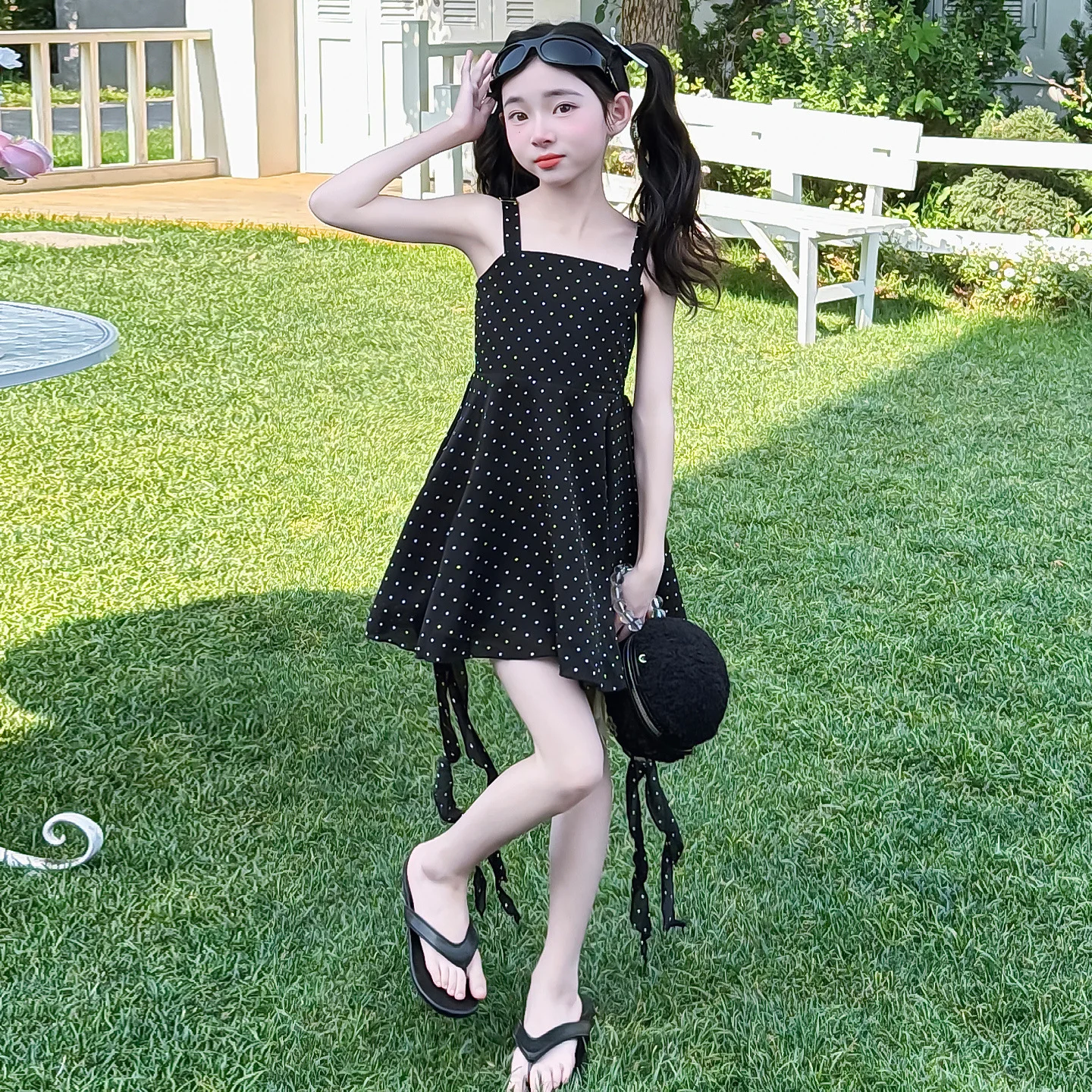Girls Summer Dress 2026 New Sweet Girl Korean Big Kids Polka Dot Ribbon Camisole Skirt