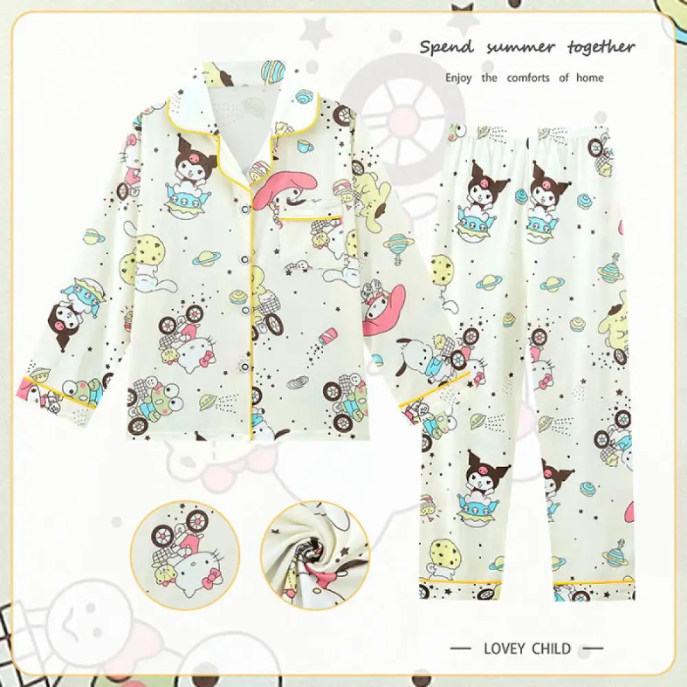 Anime Sanrios Girls Cardigan Kids Pajamas Kuromi Cinnamoroll Spring Flip Collar Long-Sleeved Cartoon Cute Printing Homewear Suit