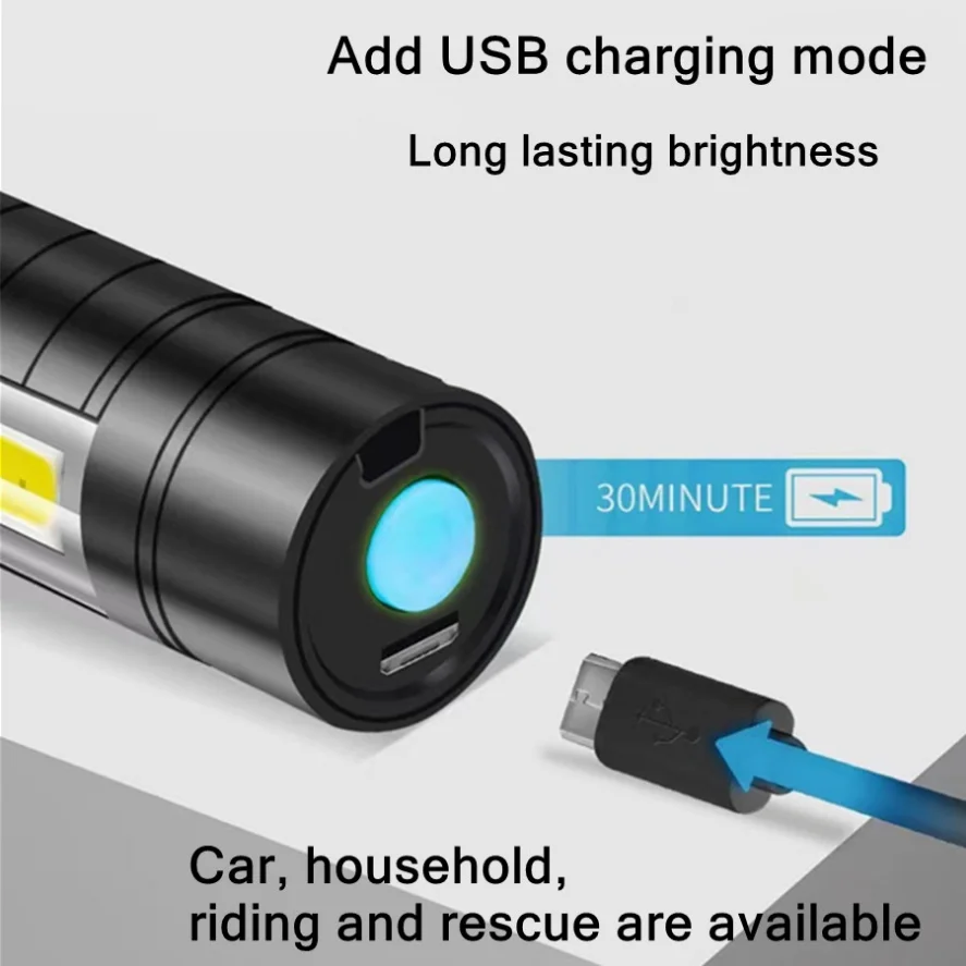 PwwQmm-linterna LED USB portátil, linterna COB XPE con 3 modos de Zoom recargable, luz de Camping impermeable