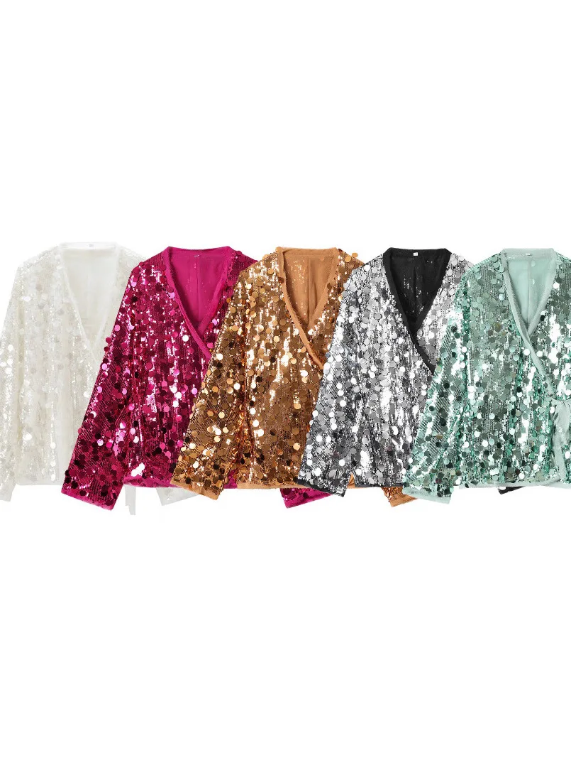 

Женская блестящая блузка с V-образным вырезом и длинными рукавами, свободного кроя, из полиэстера, модная, элегантная, в европейском стиле