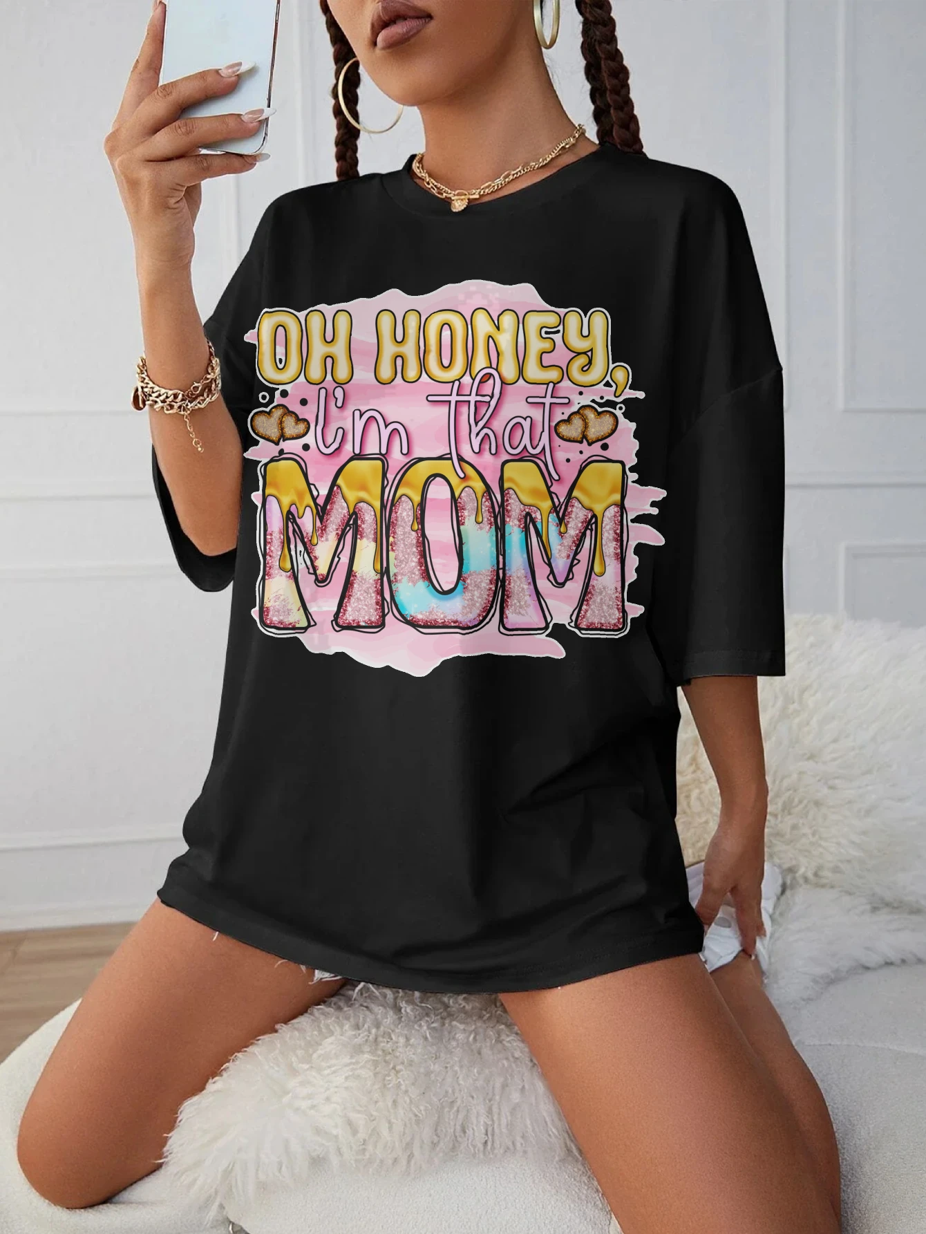 

Oh Honey Im That Mom Loose Fit Women's Black Round Neck T-Shirt Comfortable Maternity Wear for Late Pregnancy