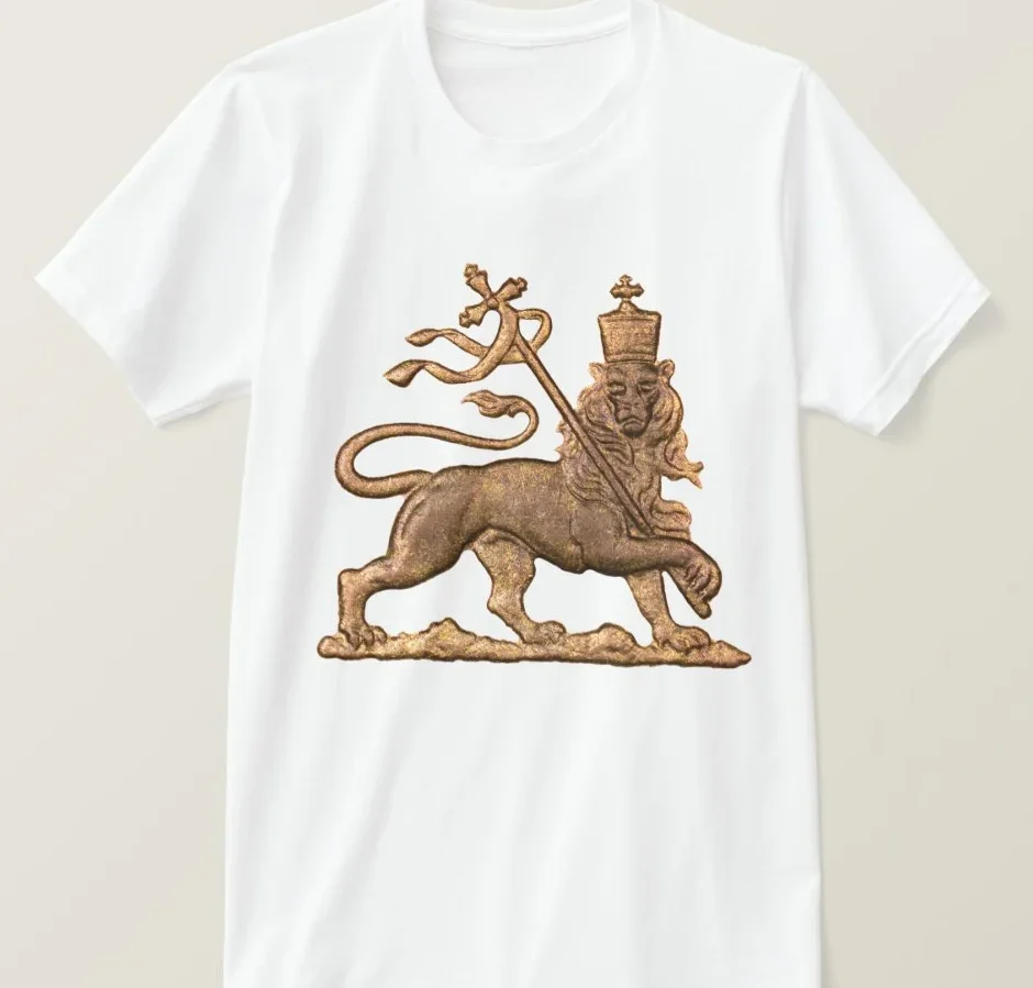 Haile Selassie. Men\'s Lion of Judah Printed T-shirt. Short-sleeved 100% Cotton Casual Loose-fitting Top High Quality