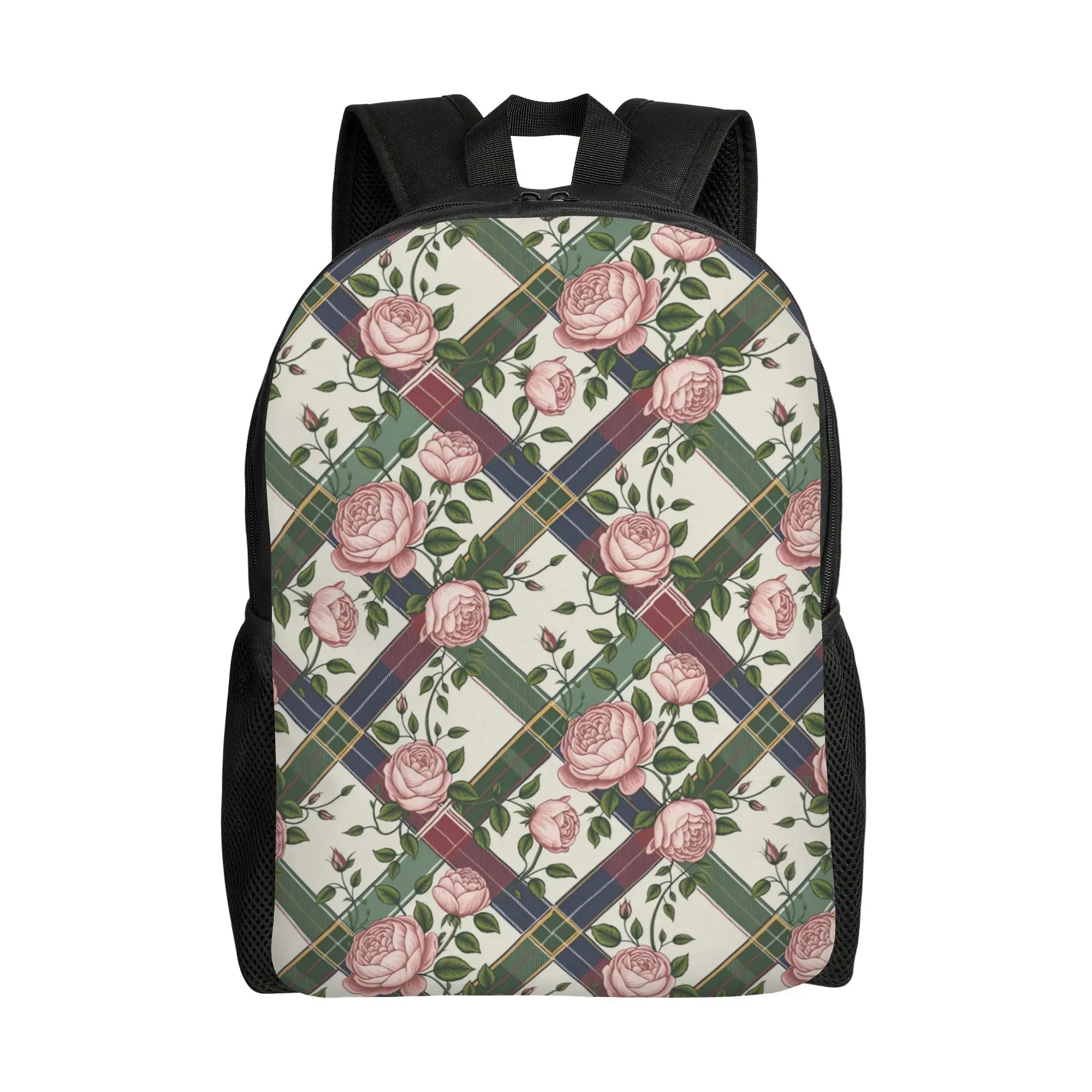 

Men's vintage plaid backpack in green, navy and pink twill check design - simple single compartment for school and casual wear,