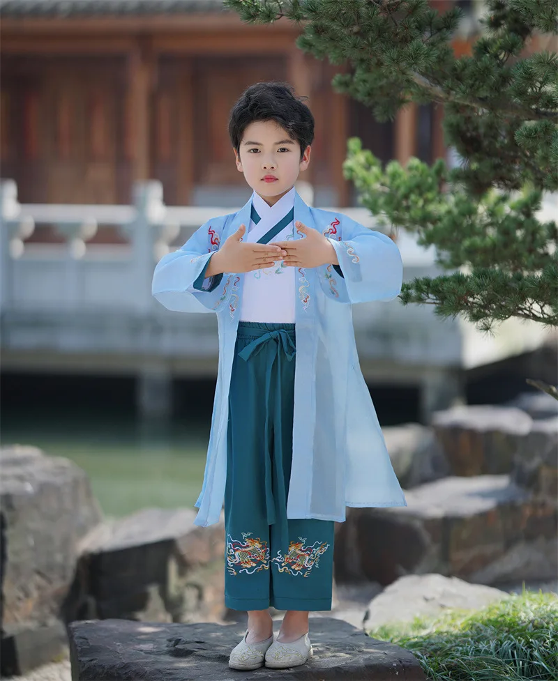 

Ancient Traditional Costume for Kids 3Pcs Chinese Style Boys Blue Hanfu Stage Outfit Dress Baby Boy Tang Suit