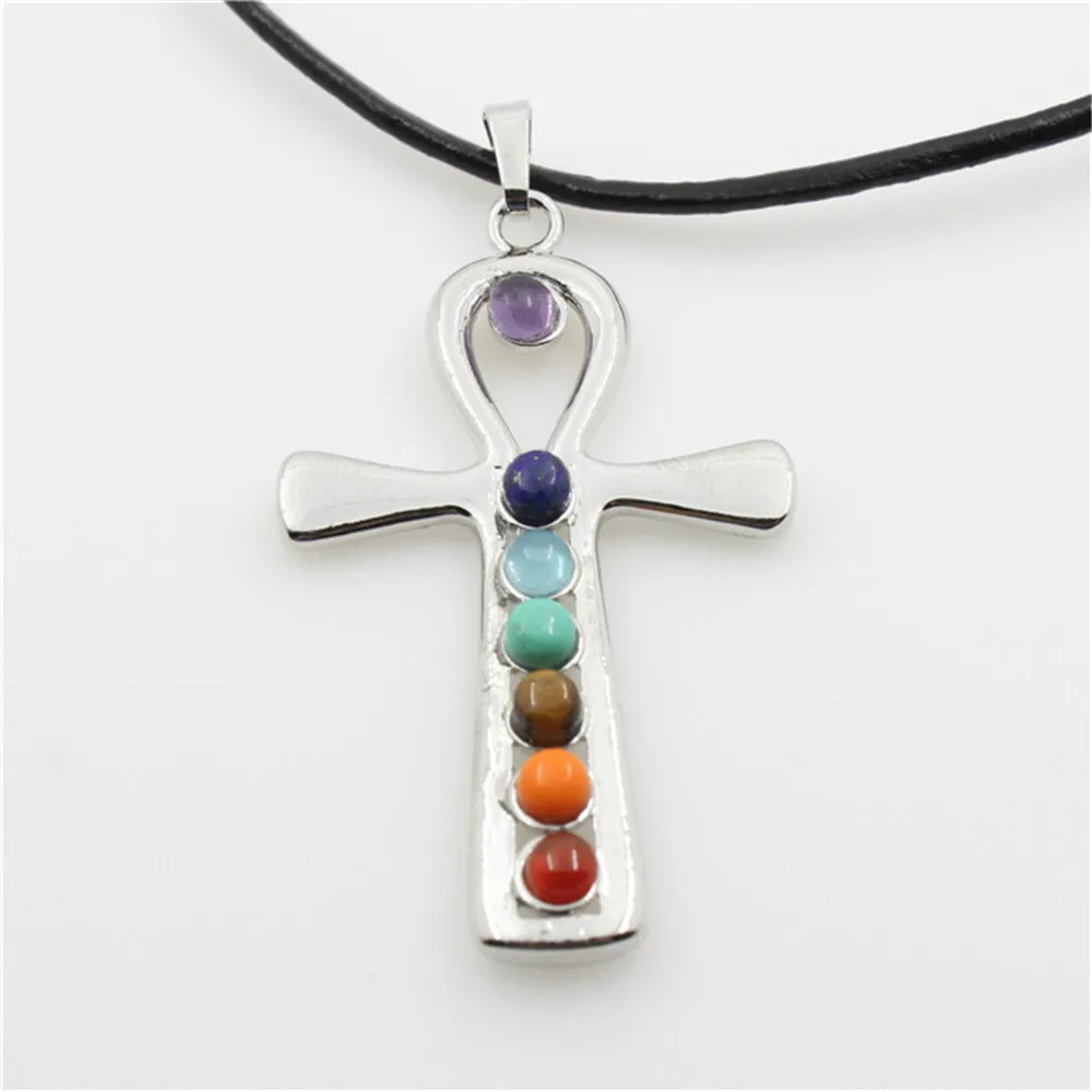 Amethyst Seven Color Gemstone Cross Border Jewelry Copper Inlaid Crystal  Leather Necklace 7 Chakras Reiki  Pendant