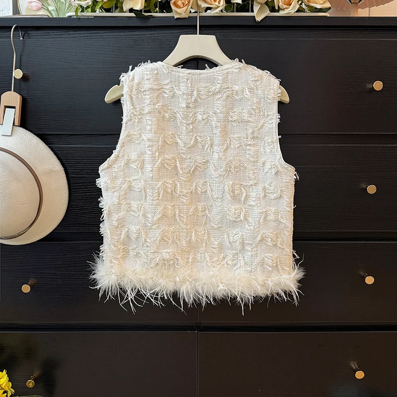 เสื้อกั๊กขนนกแต่งระบายสไตล์คนดัง สำหรับผู้หญิง ฤดูใบไม้ร่วง 2025 รุ่นใหม่ สไตล์ต่างประเทศ ทรงหลวม