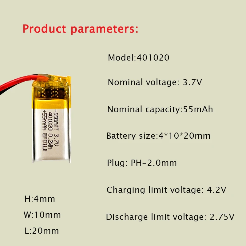 401020 55mAh 3.7V Polymer Lithium Battery Li-po For Toys Cars Bluetooth Speaker Bluetooth Headset Recording Pens GPS LED Lights - view 5