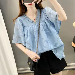 Fashion V-Neck Ruffles Spliced Blouse Women's Clothing Loose Casual Folds Summer All-match Solid Color Chic Jacquard Weave Shirt