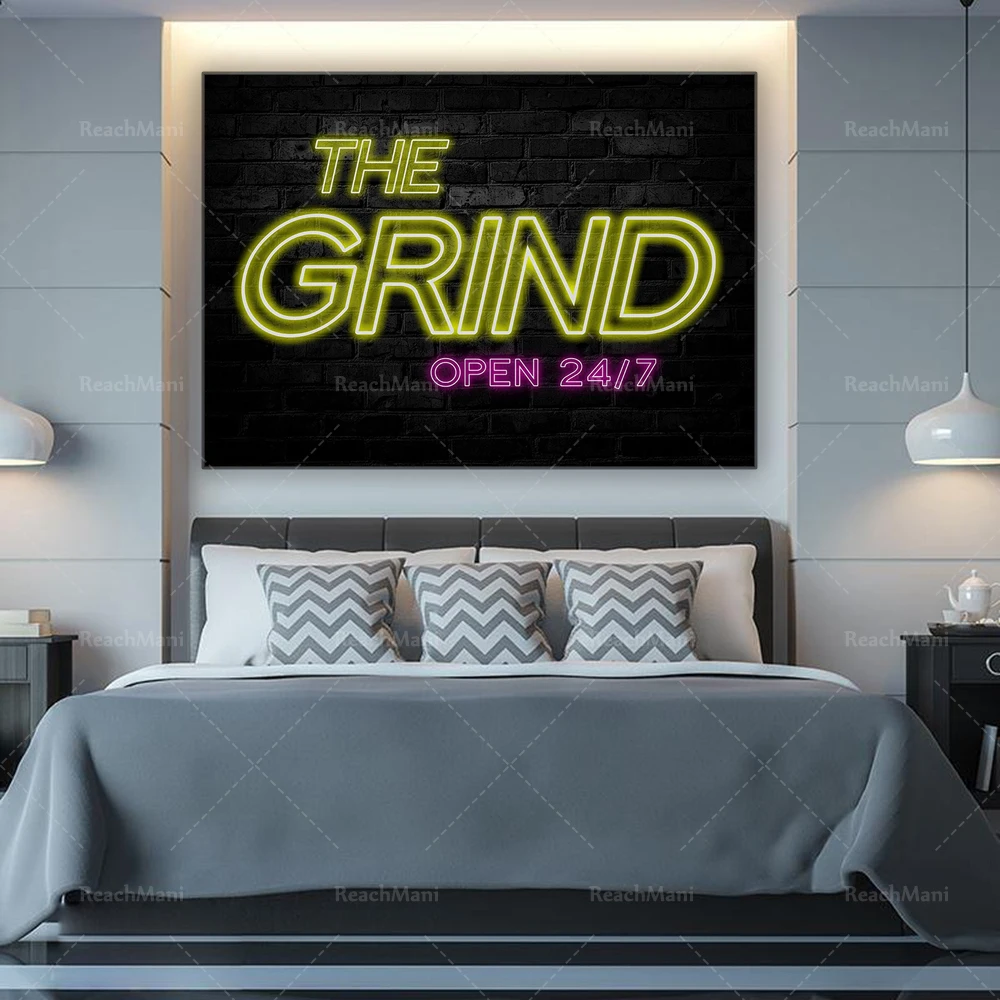Grind Open 24/7 Canvas Print, Modern Motivation Entrepreneur Inspirational Hustle Success Grind Quote Wall Office Decor Poster