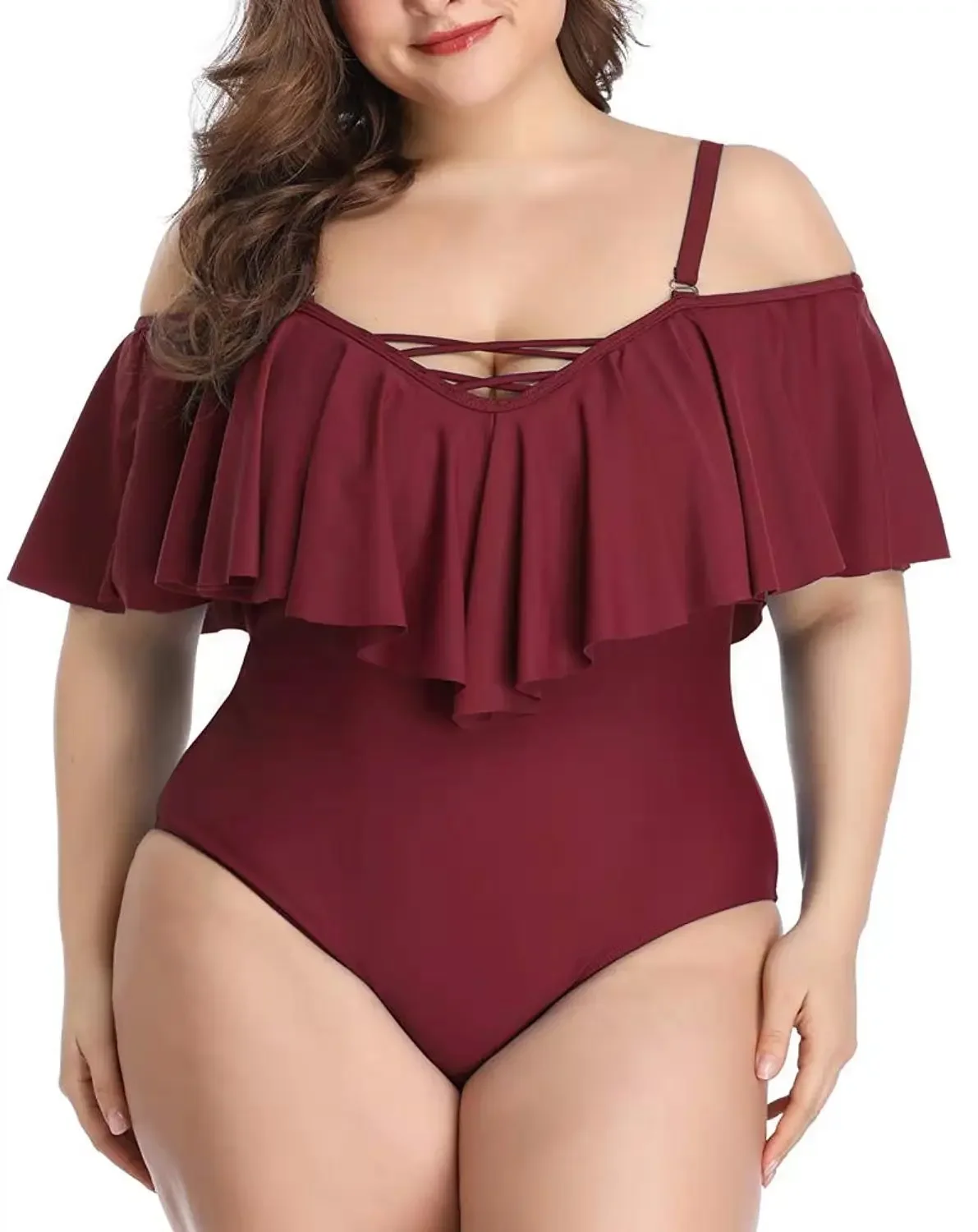 Plus Size Swimwear Ruffled One Piece Swimsuit Women Shoulder Off Bathing Suit Large Size Monokini Bandage Swimsuit 2022 dropship