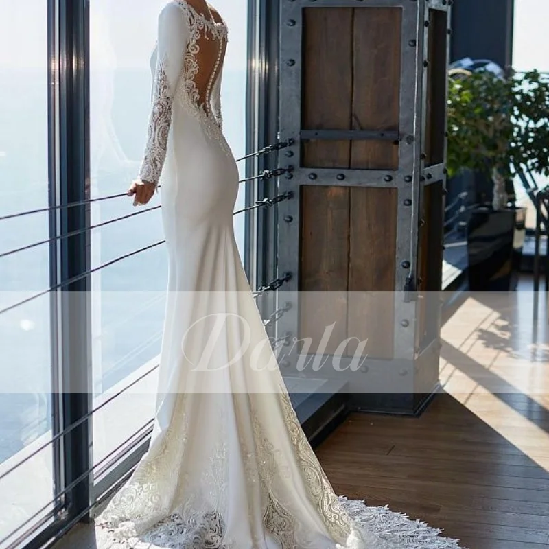 Morden Abito da sposa a sirena in raso O Collo Abiti da sposa lunghi con maniche lunghe Ricamo vintage Vestido de Novia Personalizzato 2025