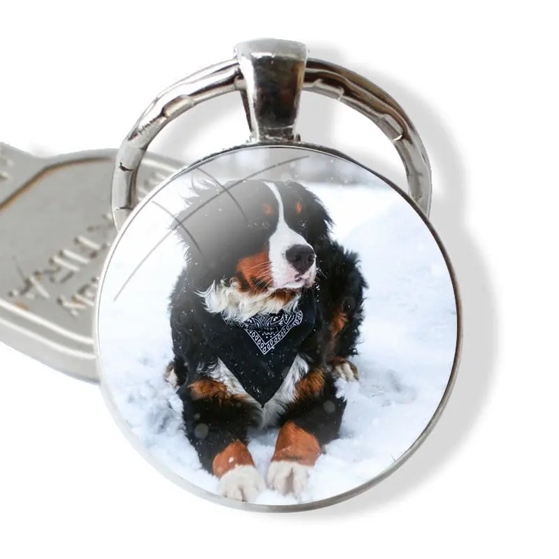 Keychain Handmade Glass Cabochon Key Ring Holder Pendant Key Chains Bernese Mountain Dog Fashion Design Creative Cartoon