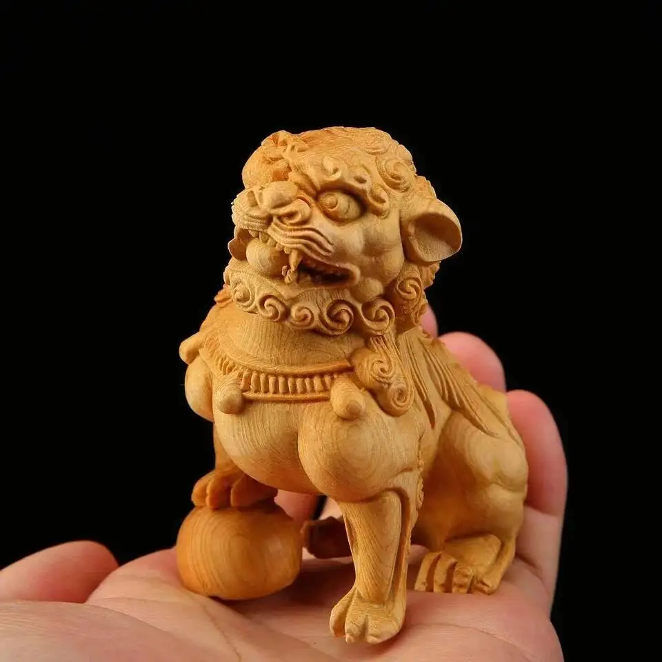 China Wood Carved Fengshui Animal Ball Pixiu Foo Fu Dog Lion Statue Pair Bixie