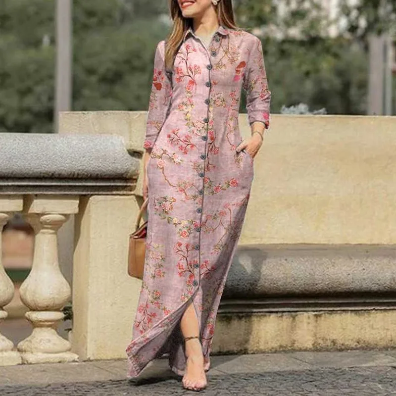 Vintage Flower Print Loose Shirt Dress Autumn Fashion Lapel Collar Button Dress Women Casual Long Sleeve Pocket Maxi Dresses