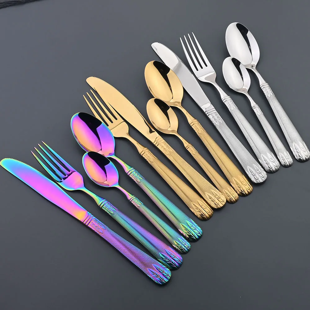 

Zoseil 24Pcs Vintage Dinnerware Sets 304 Stainless Steel Cutlery Set Knife Forks Tea Spoons Tableware Western Kitchen Flatware