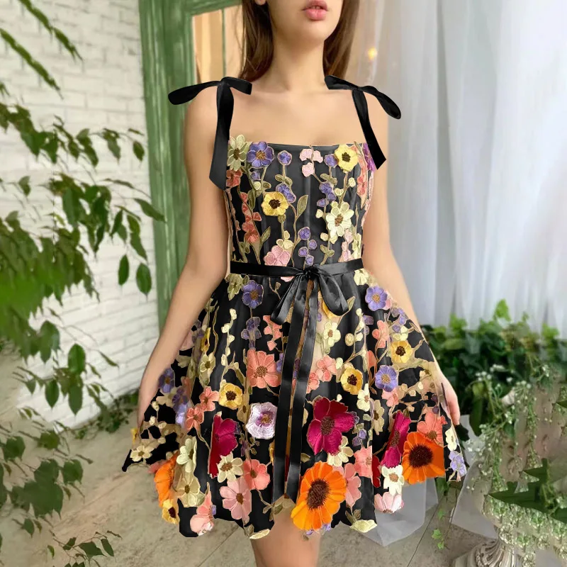 2025 verão sexy fora do ombro vestido sem alças floral bordado bodycon faixa arco vestido princesa fairycore noite mini vestido