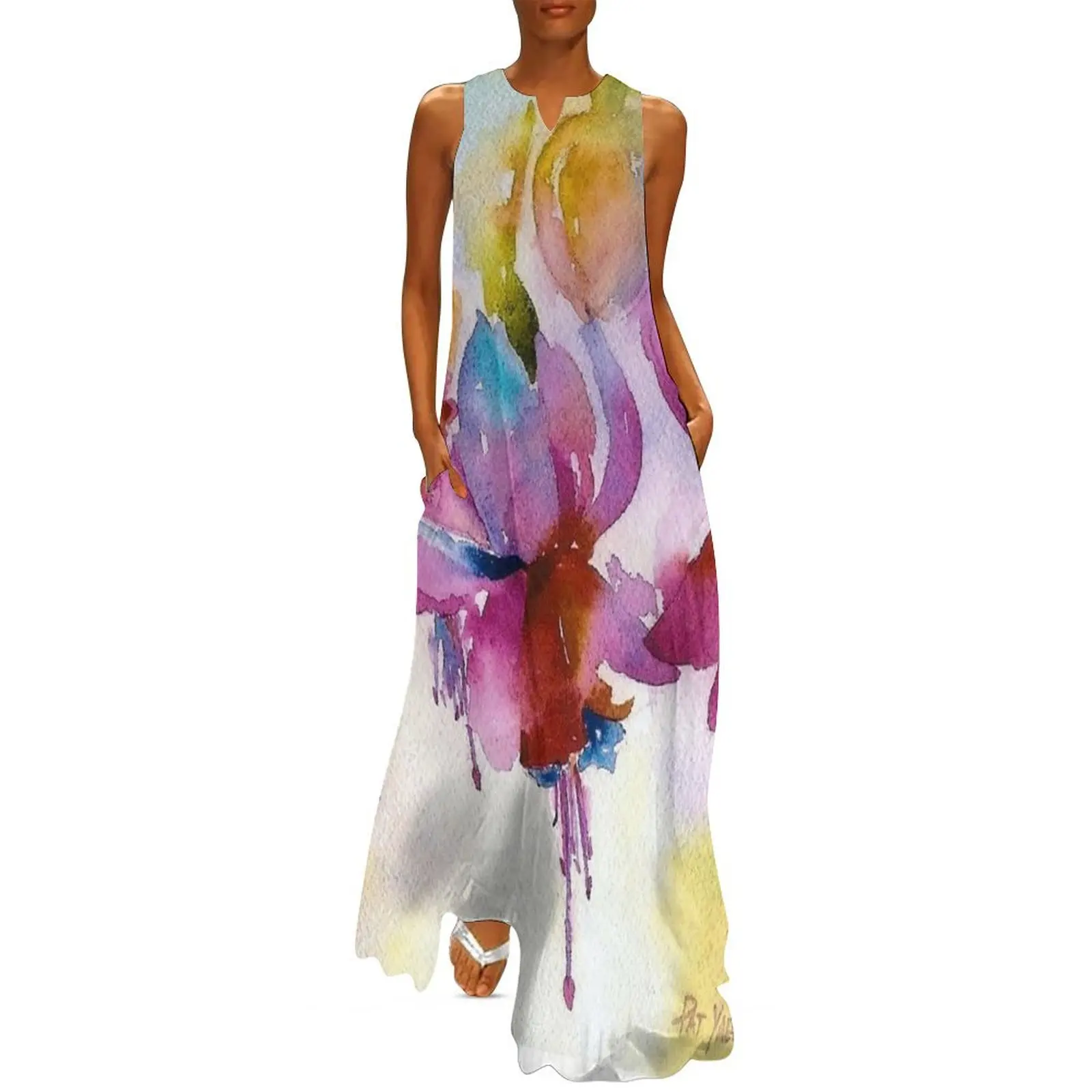 

Dancing Fuchsias Watercolor Long Dress ceremony dresses women"s dresses luxury Long dresses Dress women