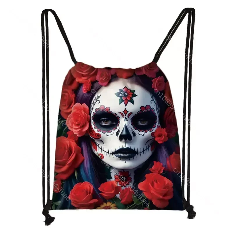 Mexico Skull Pattern Drawstring Bag Skeleton Teenager Portable Storage Bag Flower Holy Death Backpack  Bookbag Shoe Holder