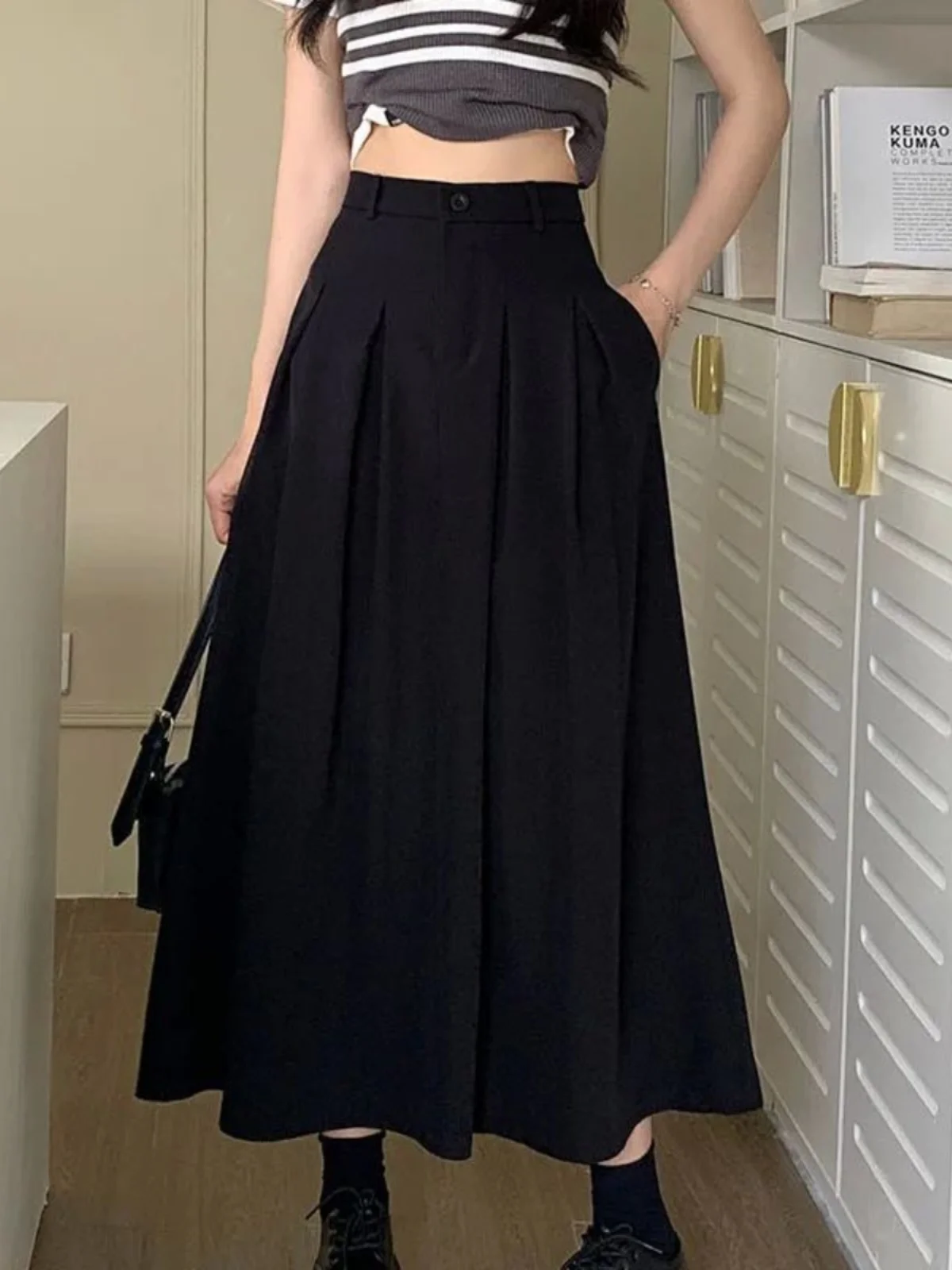 Langer A-Linien-Rock mit hoher Taille, plissierter Vintage-SLE-Midirock aus Polyesterstoff für Frauen in ihren späten Zwanzigern