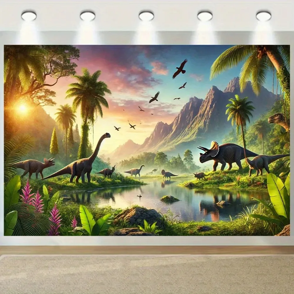 Tropischer Dschungel Jurassic Park Dinosaurier-Welt Banner-Hintergrund, Kindergeburtstag Partydekoration Fotografie-Hintergrundstoff