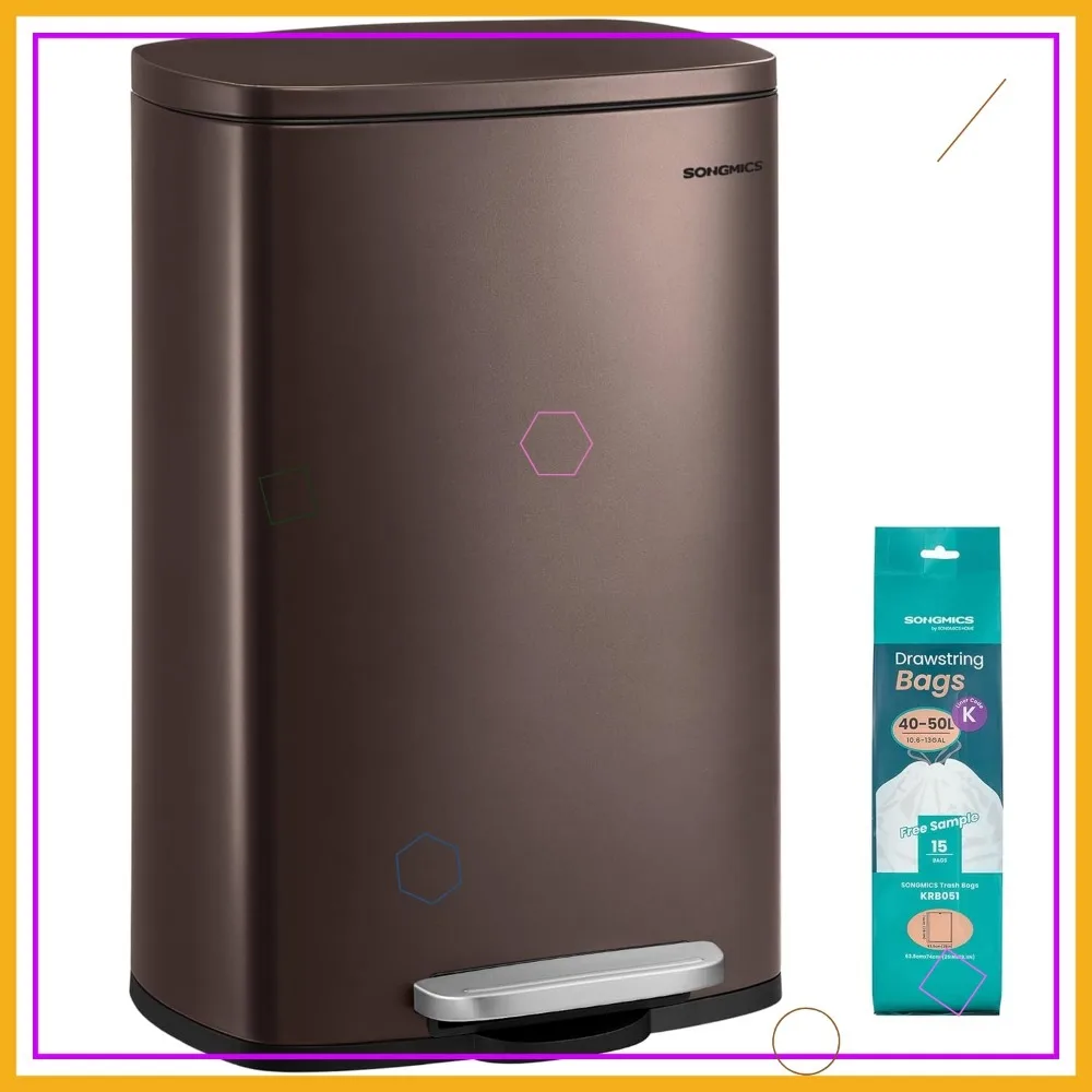 

13 Gallon Stainless Steel Trash Can with Soft Close Lid, Step-On Pedal, and Removable Inner Bucket for Kitchen