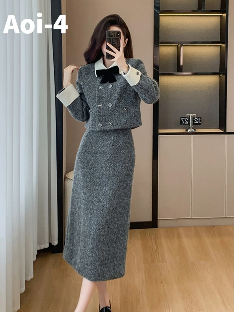 Fashion Thickening Grey Suit Women 2023 Winter Lapel Bow Double-Breasted Double-Sided Woolen Coat+Split Long Skirt Two-Piece Set