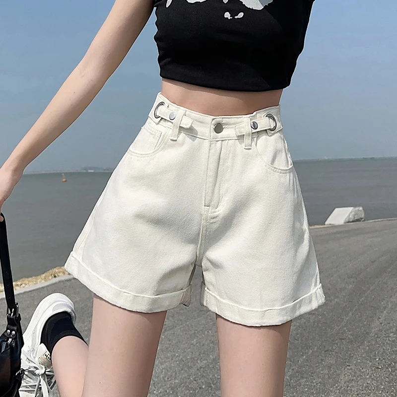 

Summer Loose White Denim Shorts Women's Fashionable Korean Version A-line High-waist Y2K Short Jeans Casual Female Streetwear