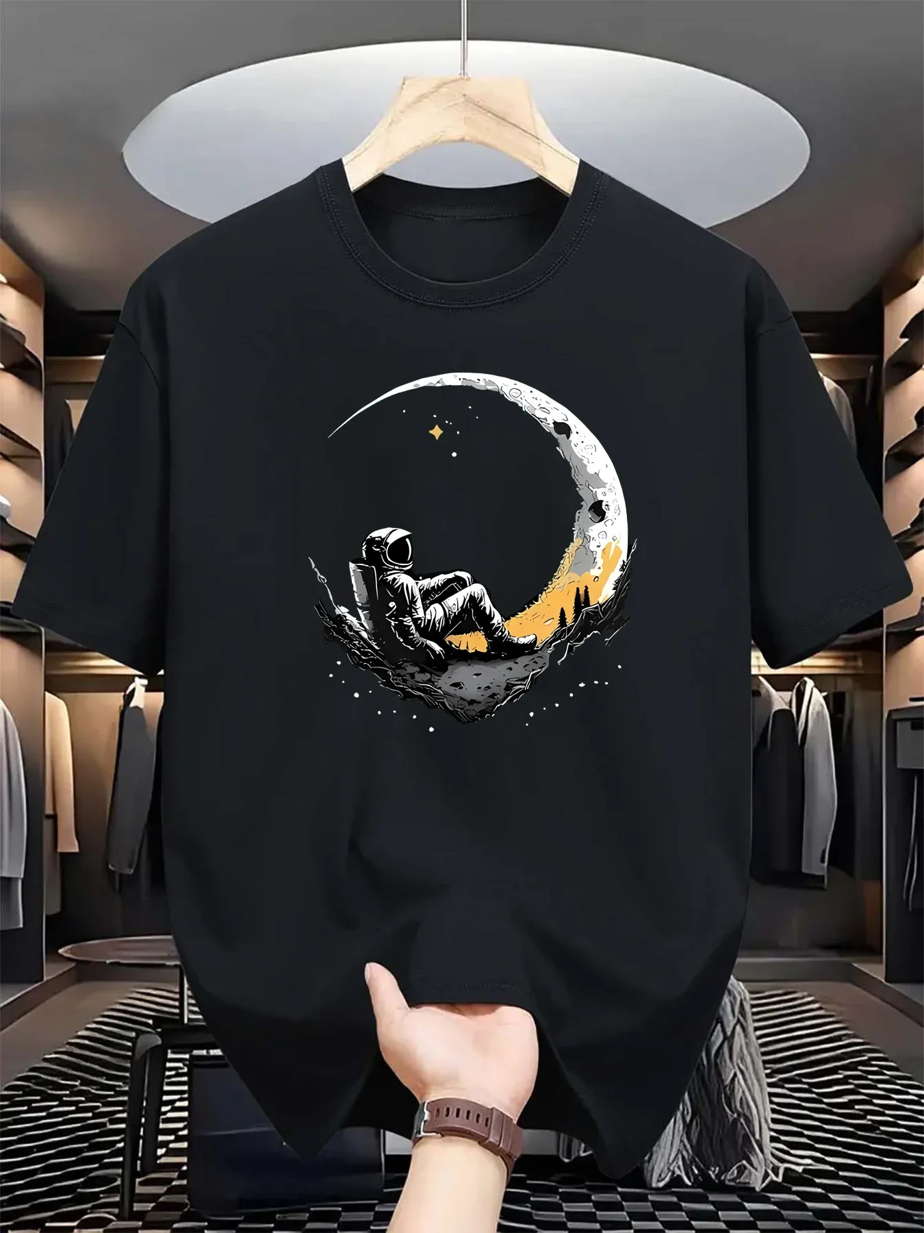 

Летняя мужская 100% чистая повседневная свободная футболка с принтом «Астронавт Логин Луны» удобная футболка с круглым вырезом и короткими рукавами