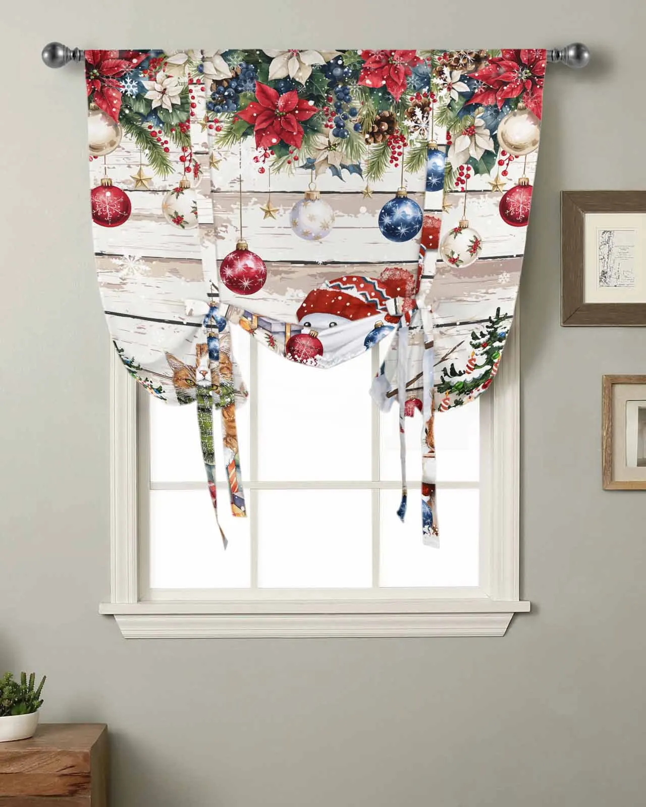 Snowman Snowflake Christmas Tree Ball Gift Cat Squirrel Short Balloon Curtain Home Bedroom Kitchen Decor Tie Up Window Curtain