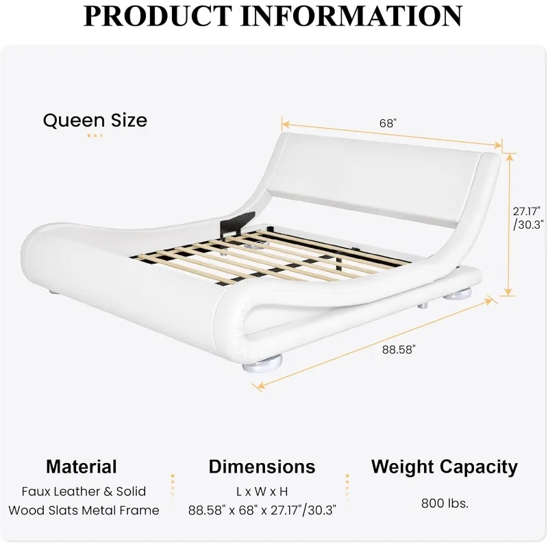 Queen Size Upholstered Bed Frame, Deluxe Low Profile Sleigh Bed with Faux Leather Ergonomics Headboard, No Box Spring