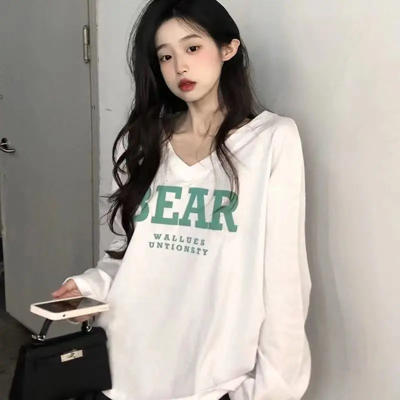 Spring Autumn New V Neck Printing Letter Trend Tops Tees Long Sleeve Solid Youth Casual T Shirts Fashion Harajuku Women Clothing