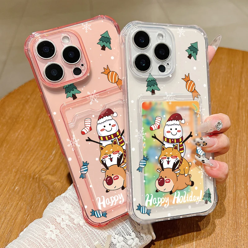 Case For iPhone 16 Pro Max Luxury Christmas Elk Snowman Clear Soft Silicone Card Holder Cover For iPhone 11 12 13 14 15 Pro Max