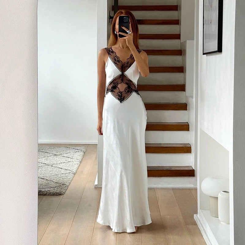 Modna sukienka trapezowa damska letnia koronkowa bez rękawów z dekoltem w serek Maxi seksowna białe sukienki casualowe w stylu Streetwear klubowa sukienka