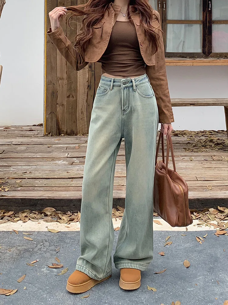 Retro americano fce forrado perna larga jeans feminino cintura alta versátil emagrecimento solto drapey calças de corte reto