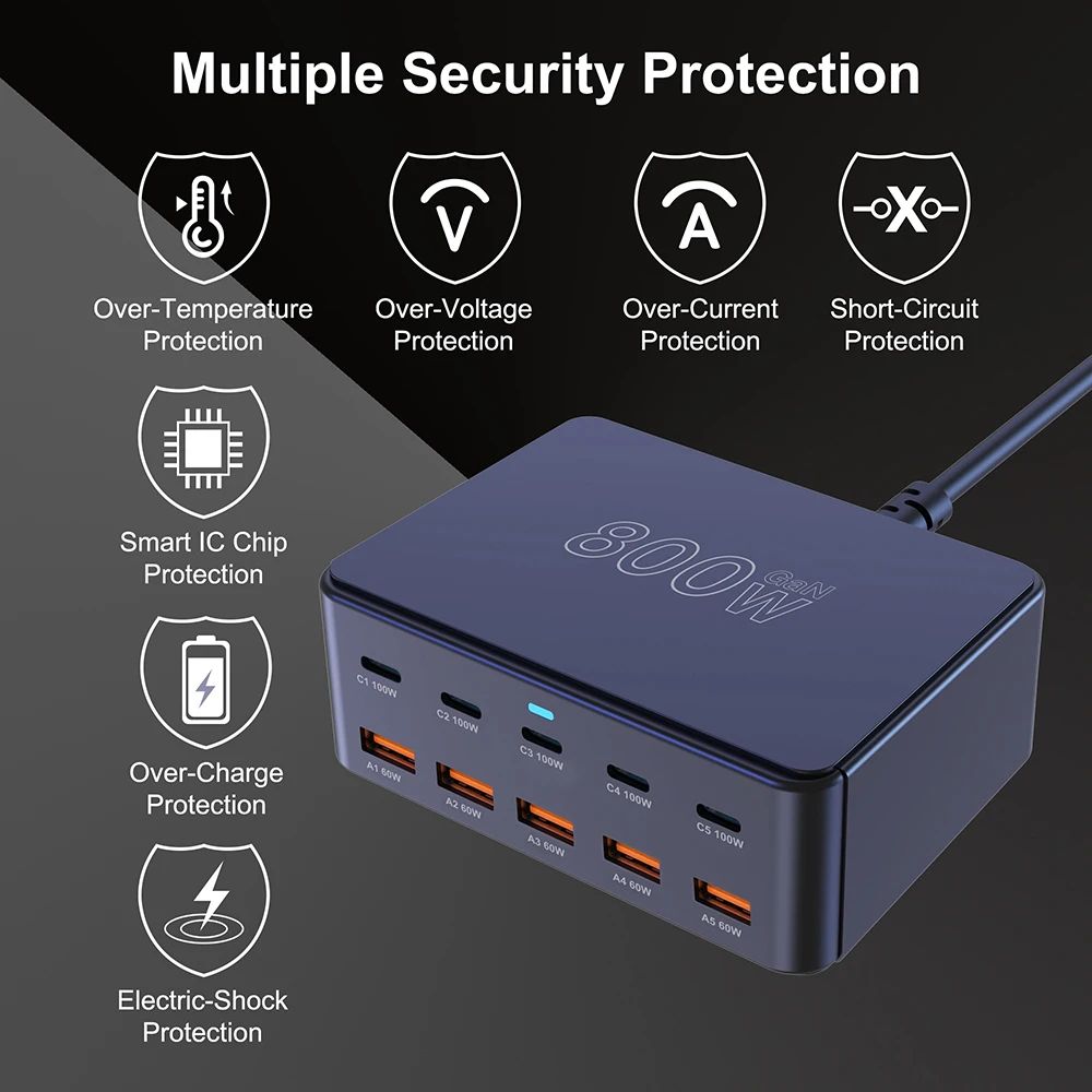 800W USB C GaN Charger 100W PD3.0 PPS QC3.0 Multiport Fast Charging Station for iPhone 15 16 Samsung Macbook Pro Laptops Tablets - náhled 5