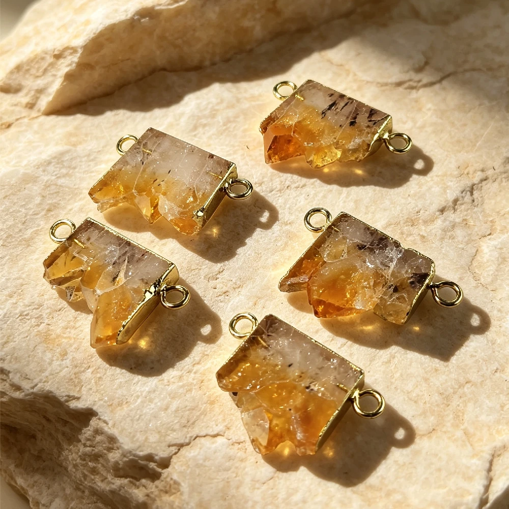 Raw Gradient Citrine Connector Charms Irregular Natural Slice Stone Double Loop Golden Plated Bezel DIY Wrist Craft P2D1058