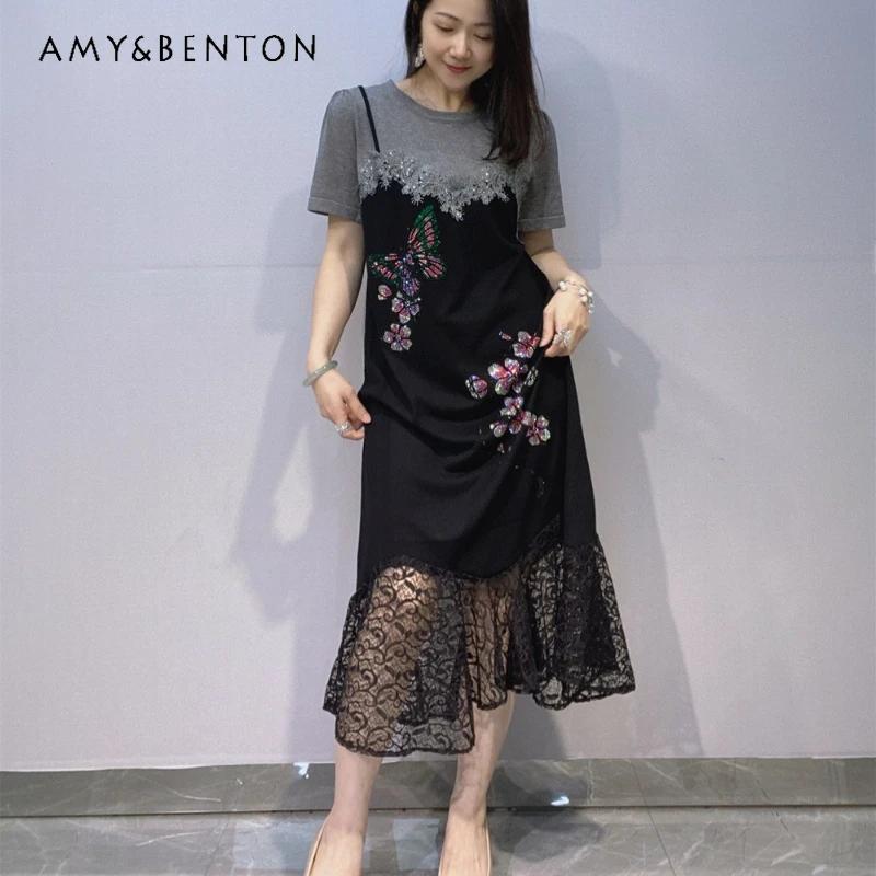 

Elegant Black Long Fishtail Dress Fake Two Piece Knitted Vestidos Oversized Women's High Grade Rhinestone Fashion Party Dresses