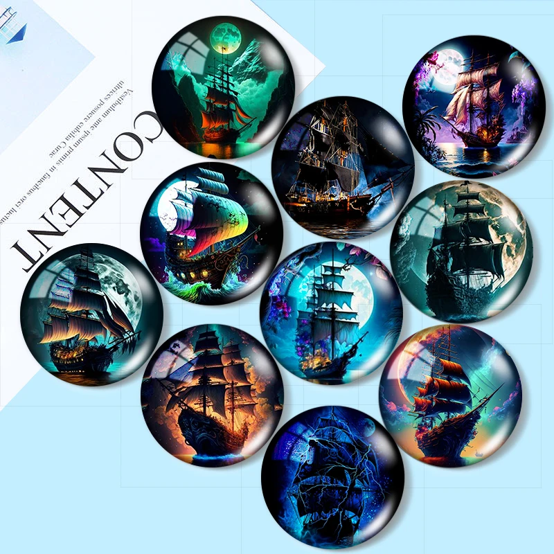 Set sail sailing ocean moon scenery 10pcs 12mm/25mm/30mm Round photo glass cabochon demo flat backMaking findings