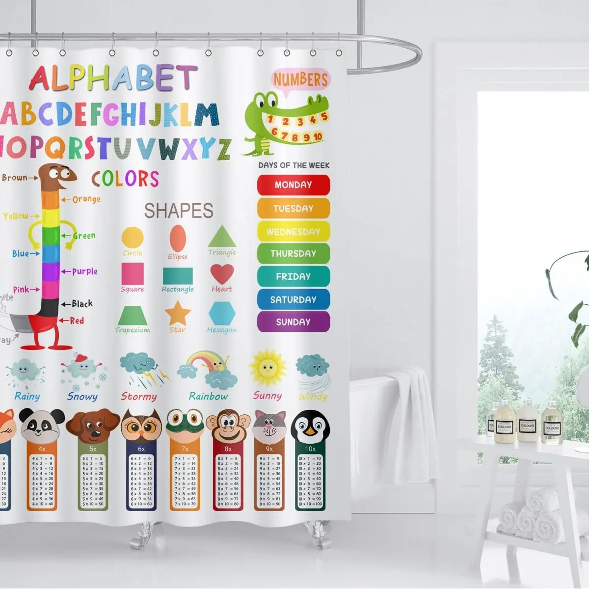 ABC Educational Shower Curtain Kids Learning Tool Funny Cartoon Animals Colors Shapes Weathers Multiplication Table Girls Boys