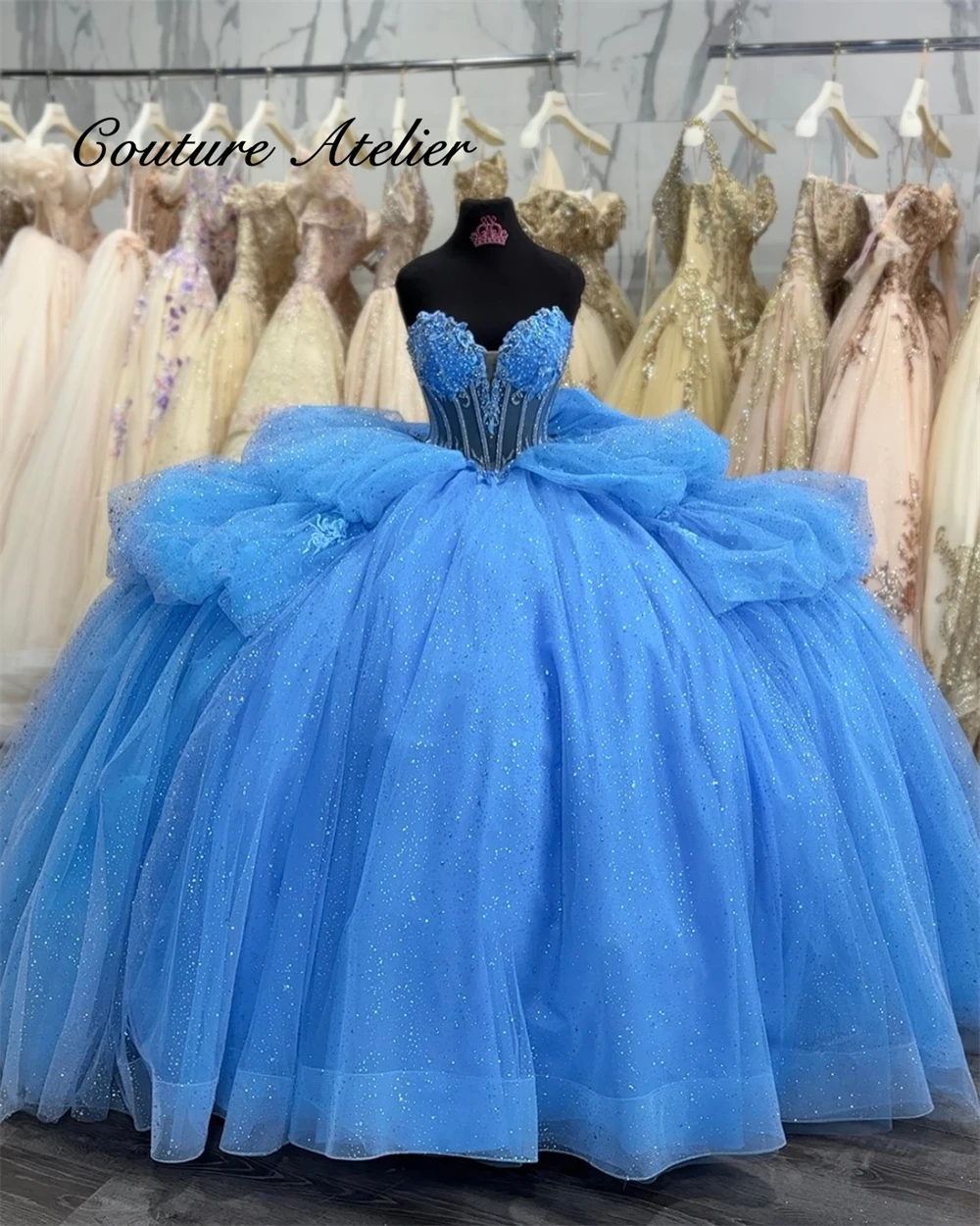 Blue Tulle Ruffels Beaded Sweetheart 15 Dress Quinceanera Ball Gown Shinning Mexican Quince Dress Formal Occasion Gown vestidos