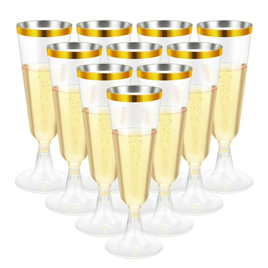 25pc Plastic Champagne Flutes 5oz Mimosa Glasses Gold Rim Disposable Wedding Toasting Glasses Party Cocktail Cups Bulk Supplies