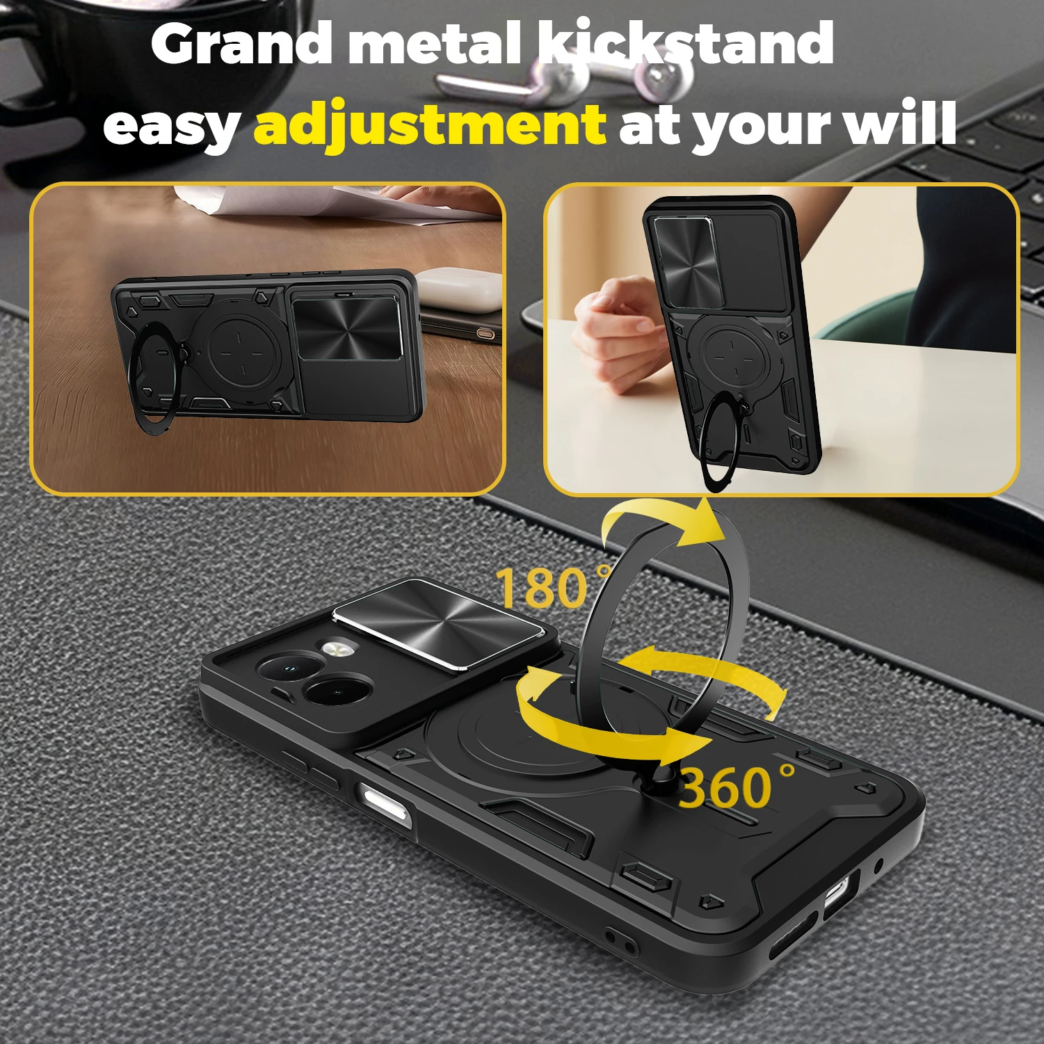 Custodia per Xiaomi Poco M7 4G Protezione magnetica per fotocamera scorrevole Poco M7Plus M7pro M6Pro Cover 360 Ruota Cavalletto Armatura Anello Funda