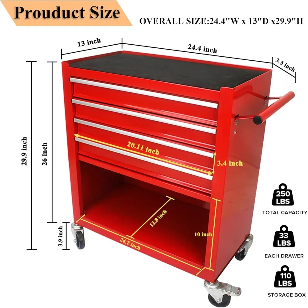 Multifunctional 4-Drawer Rolling Metal Tool Chest with Wheels for Garage, Workshop, and Repair Shop Use