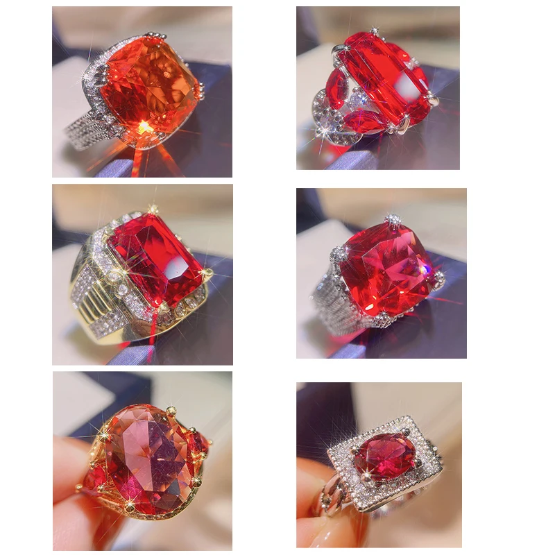 Lindo 6 estilo masculino feminino grande vermelho anéis de noivado zircão pedra vintage jóias de casamento para homens e mulheres atacado